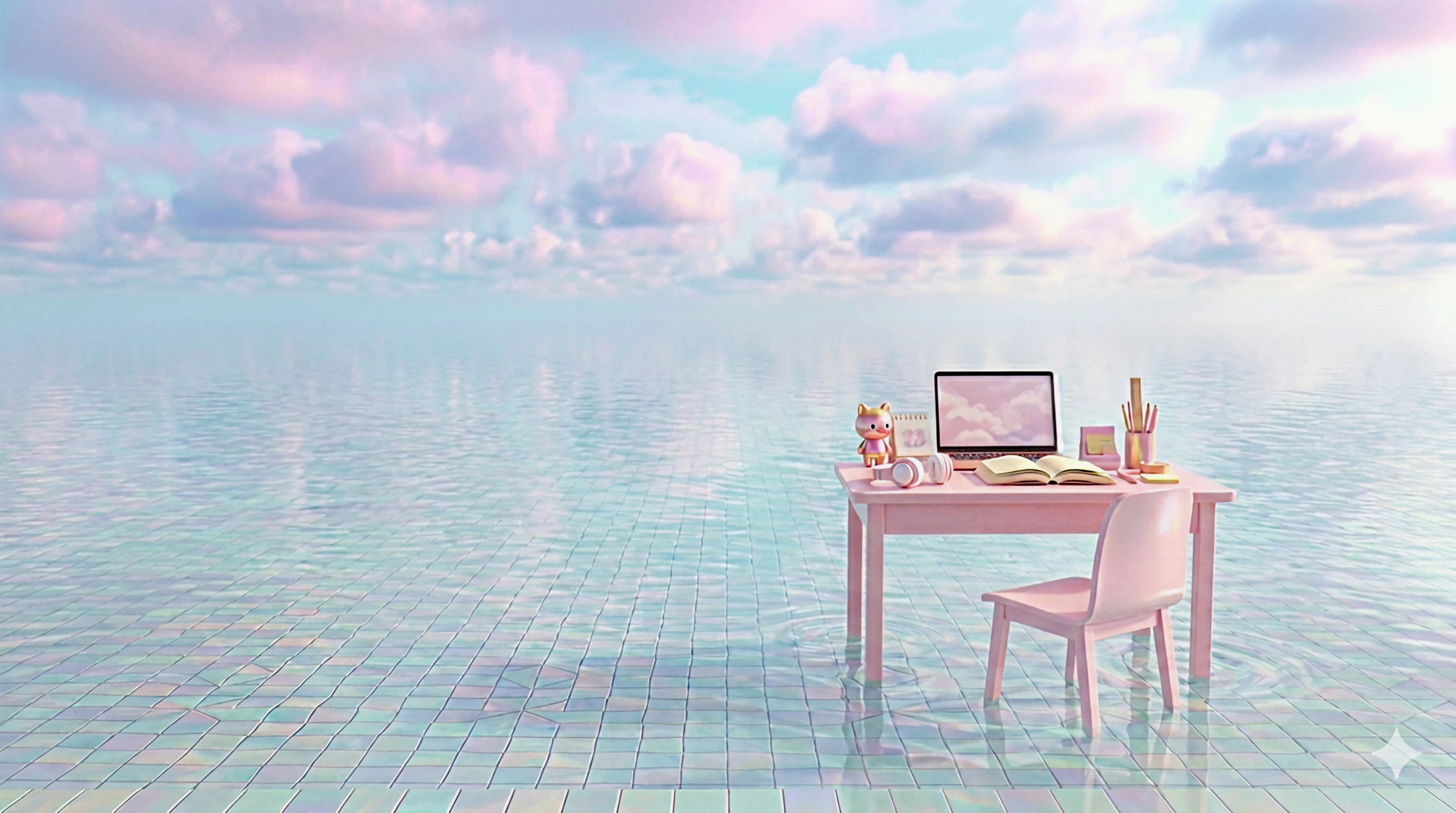 Ohime Mall — dreamy pastel desk scene on reflective tiled floor