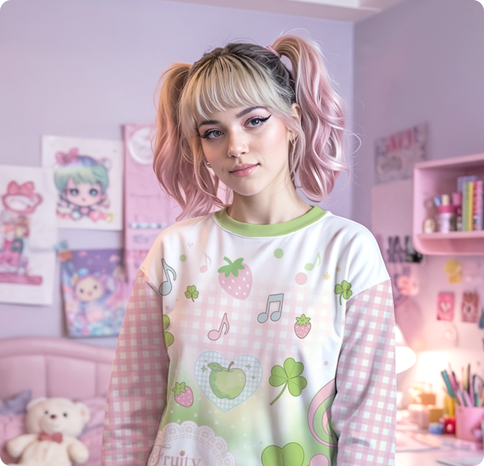 Pink-haired model in kawaii sweatshirt in pastel room