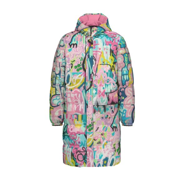 Colorful Graffiti Print Long Puffer Jacket Unisex Winter Coat — Ohime Mall