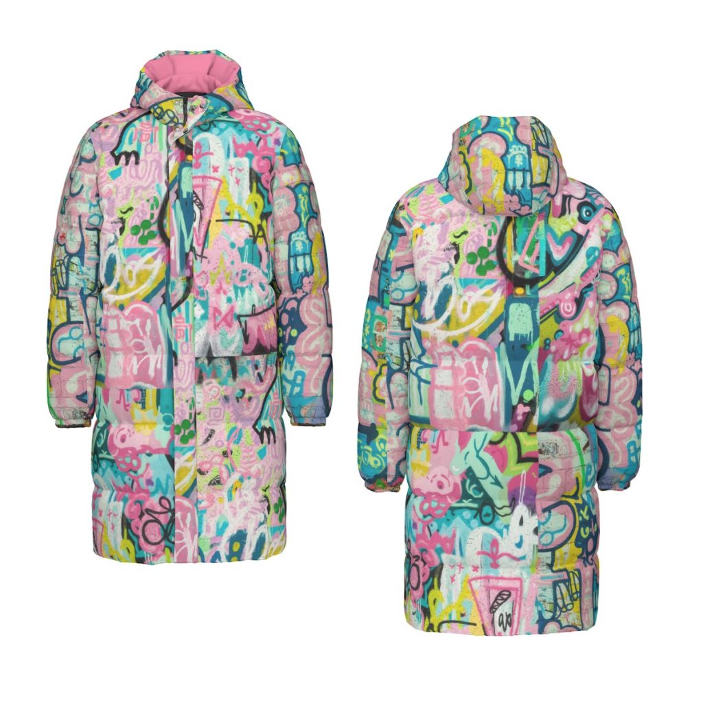 Colorful Graffiti Print Long Puffer Jacket Unisex Winter Coat