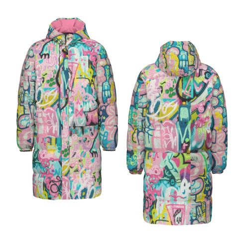 Colorful Graffiti Print Long Puffer Jacket Unisex Winter Coat