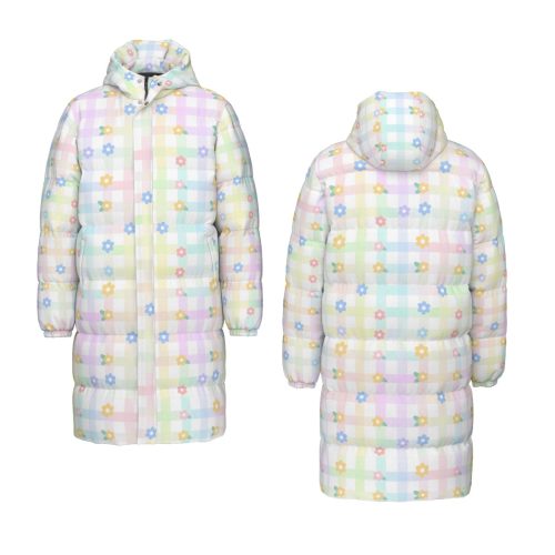 Pastel Gingham Flower Kidcore Puffer Coat - Fairy Kei Kawaii Down Jacket