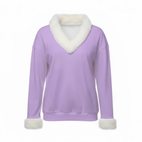 Pastel Purple Y2K Aesthetic V-Neck Sweatshirt Top with Faux Fur Trim — Ohime Mall