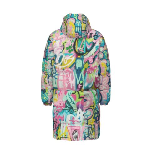 Colorful Graffiti Print Long Puffer Jacket Unisex Winter Coat — Ohime Mall