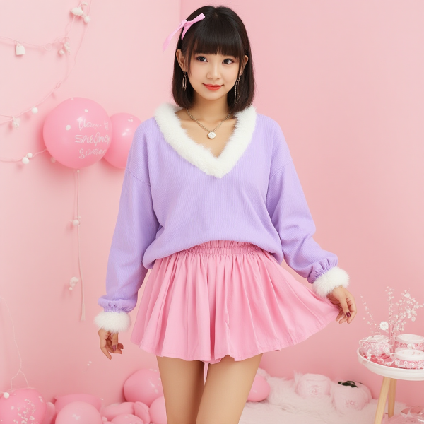 Pastel Purple Y2K Aesthetic V-Neck Sweatshirt Top with Faux Fur Trim — Ohime Mall