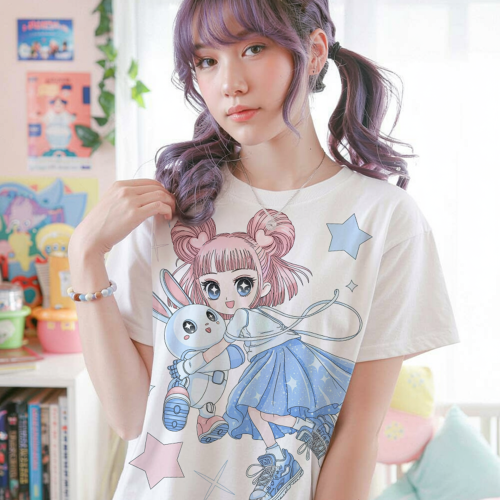 Cyber Girl Cotton T-Shirt – Kawaii Anime Graphic Tee