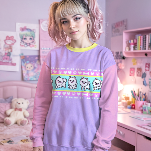 Kawaii Kidcore Pomeranian Pixel Art Sweatshirt
