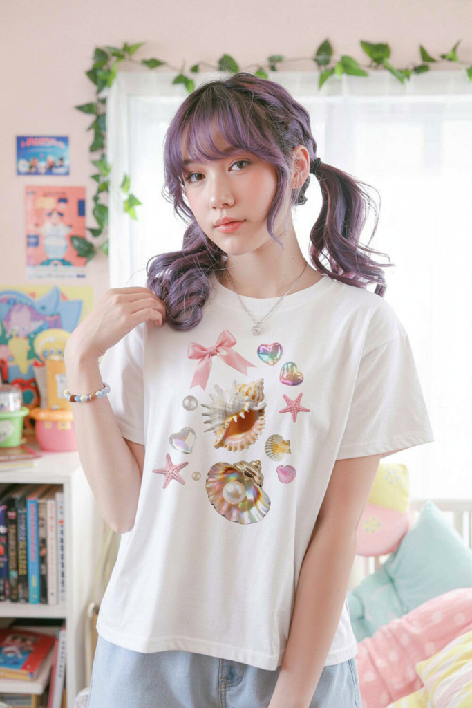 Juminocore Tee Seashell, Coastal Summer T-Shirt, Vacation Clothing, Beach Gyaru — Ohime Mall