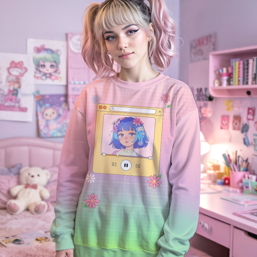 Pastel Vaporwave Sweatshirt: Anime Girl Frutiger Aero Pullover