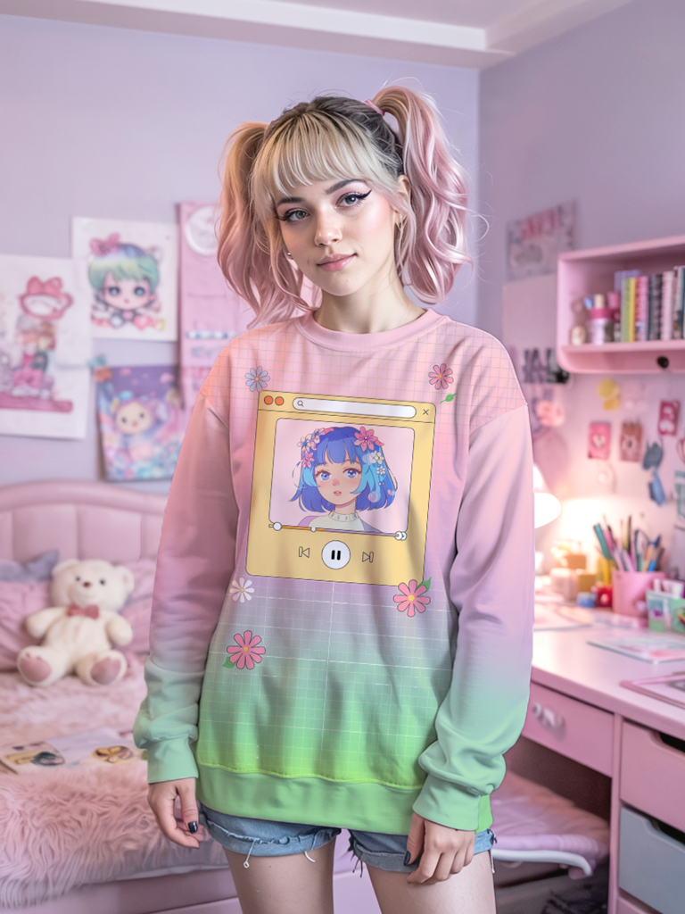 Pastel Vaporwave Sweatshirt: Anime Girl Frutiger Aero Pullover — Ohime Mall