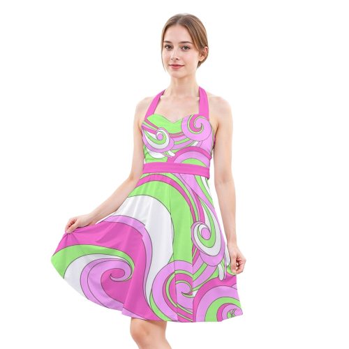 Y2K Swirl Pattern Green Pink Groovy Psychedelic Summer Dress — Ohime Mall