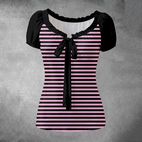 Scene Emo Pink Black Striped T-Shirt Fitted Y2K Clothing — Ohime Mall