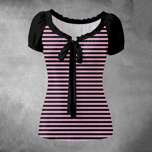 Scene Emo Pink Black Striped T-Shirt Fitted Y2K Clothing — Ohime Mall