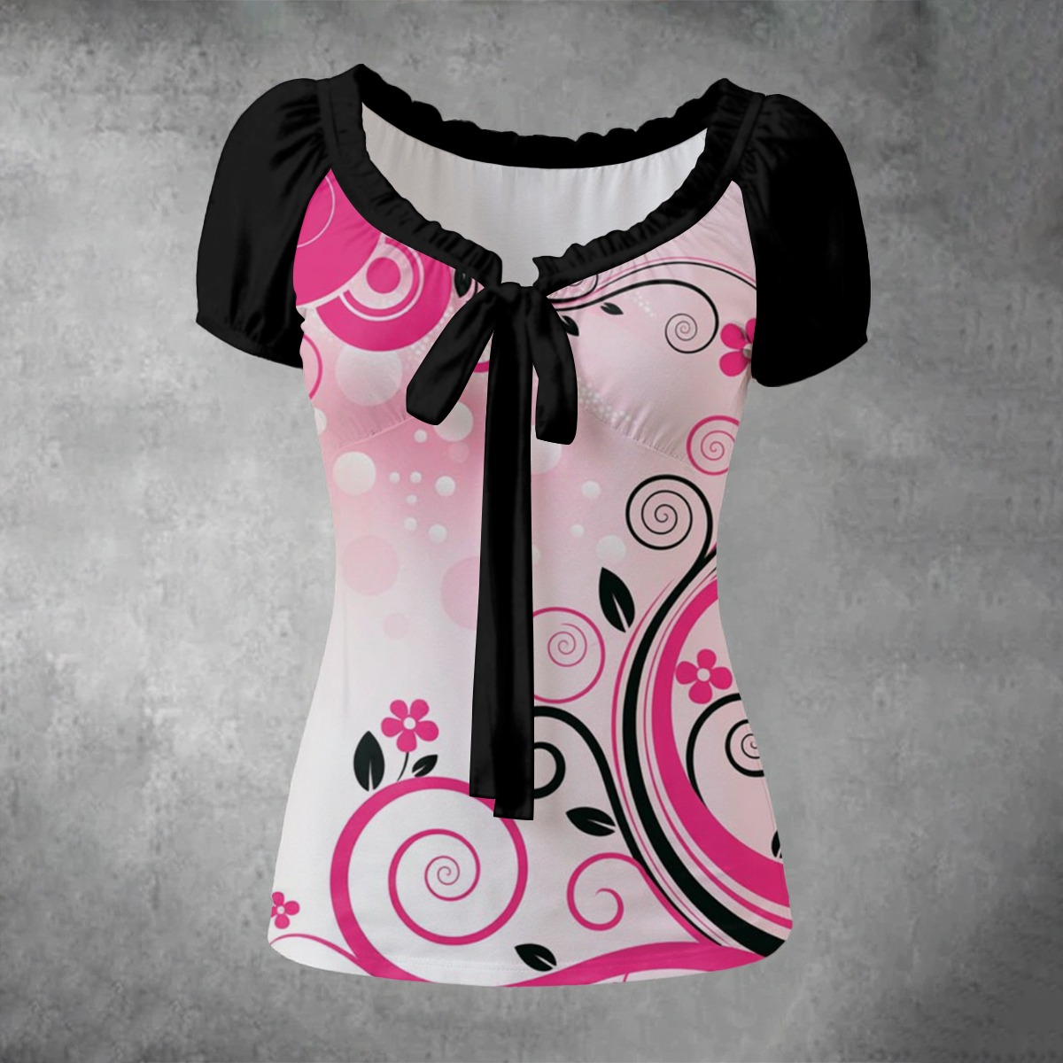 Frutiger Metro Pink Black Floral Puff Sleeve Pleated Shirt - Image 4