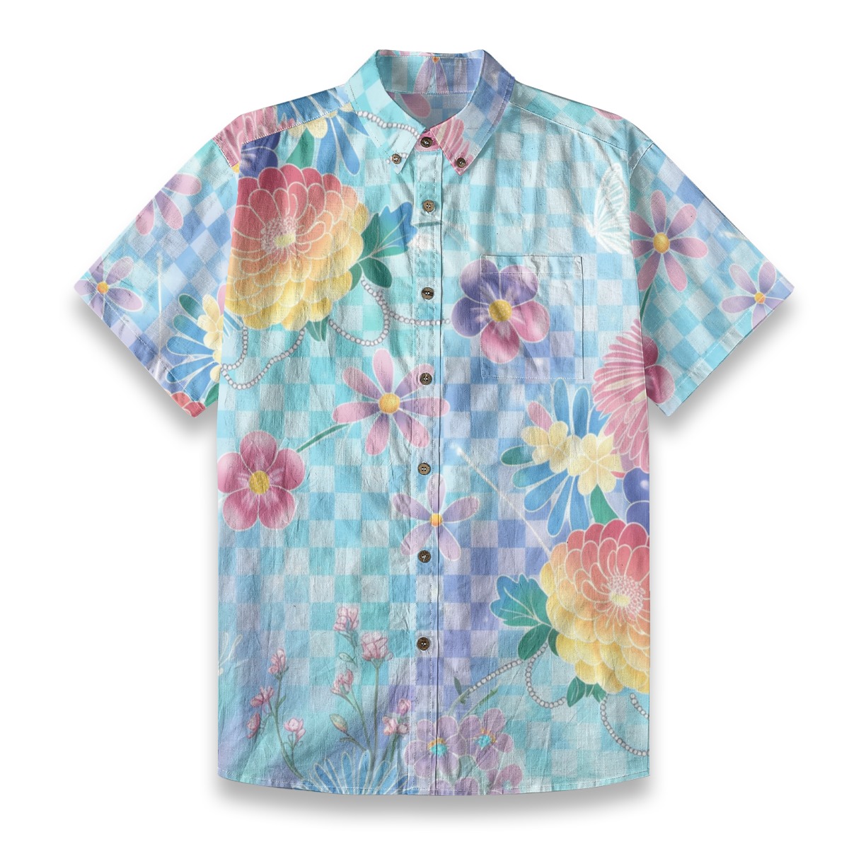Soft Y2K Checkered Hawaiian Shirt Floral Vaporwave Button Up - Image 2