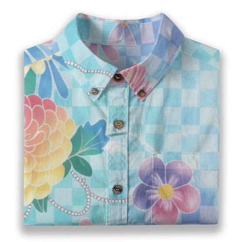 Soft Y2K Checkered Hawaiian Shirt Floral Vaporwave Button Up — Ohime Mall