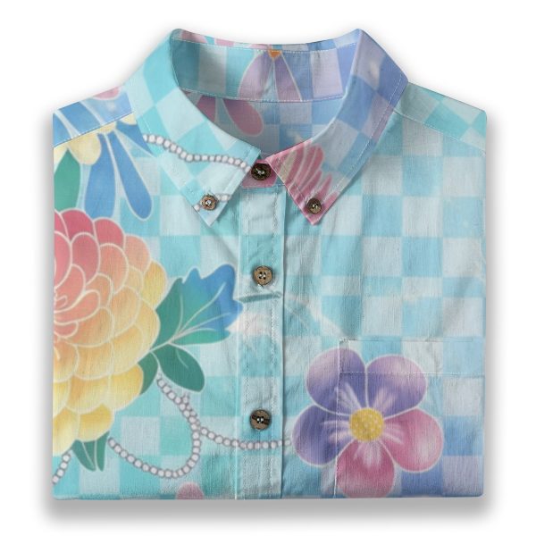 Soft Y2K Checkered Hawaiian Shirt Floral Vaporwave Button Up — Ohime Mall