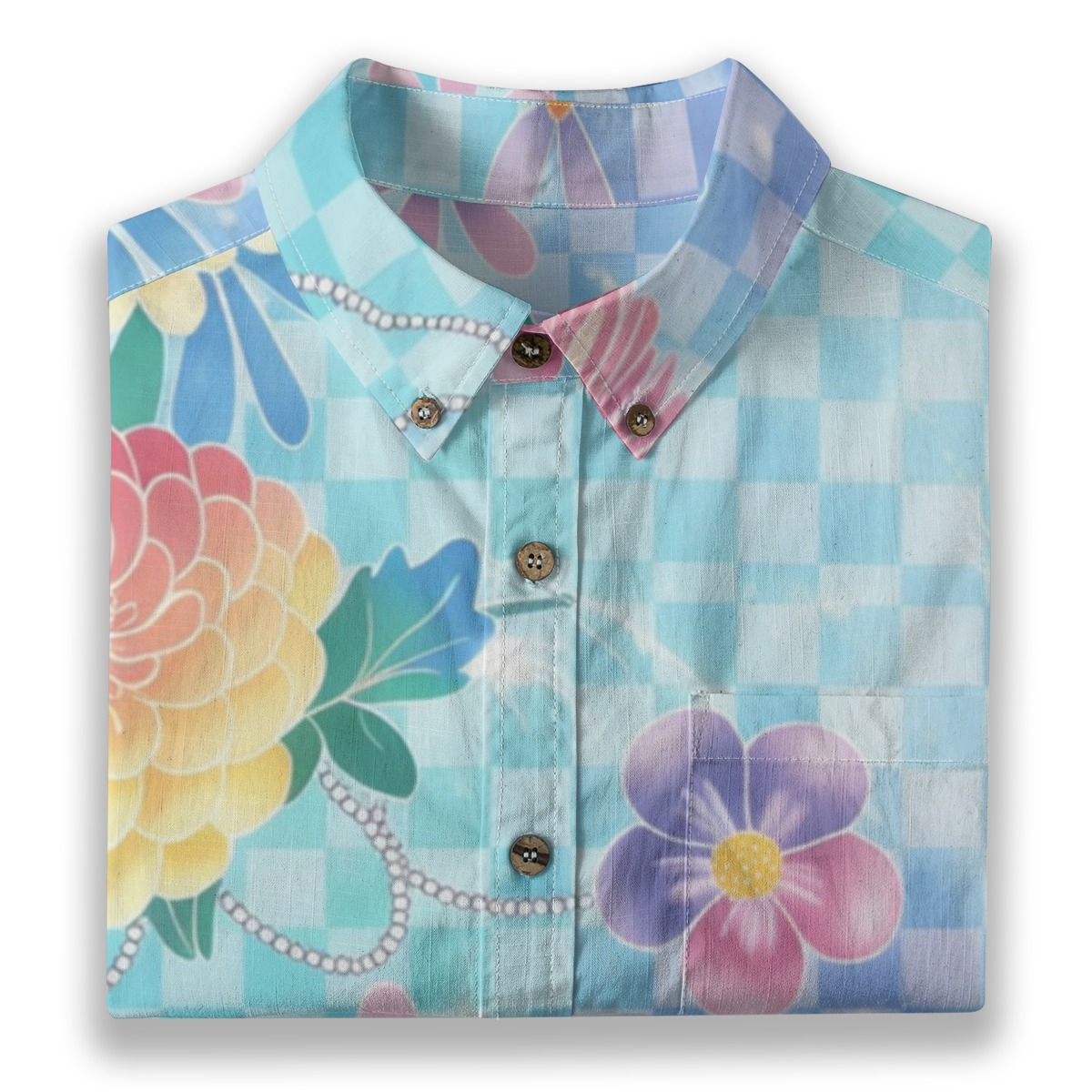 Soft Y2K Checkered Hawaiian Shirt Floral Vaporwave Button Up - Image 5