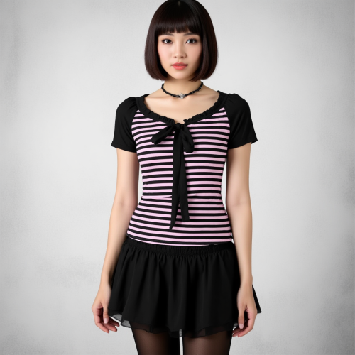 Scene Emo Pink Black Striped T-Shirt Fitted Y2K Clothing