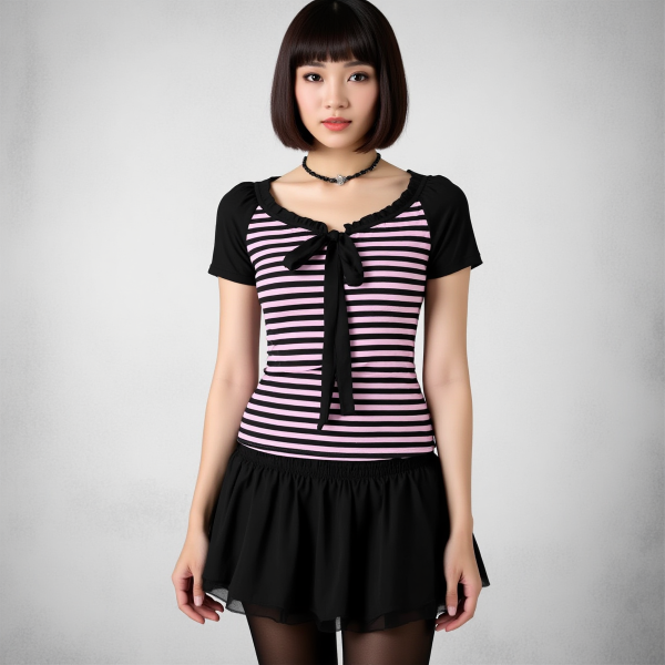 Scene Emo Pink Black Striped T-Shirt Fitted Y2K Clothing — Ohime Mall