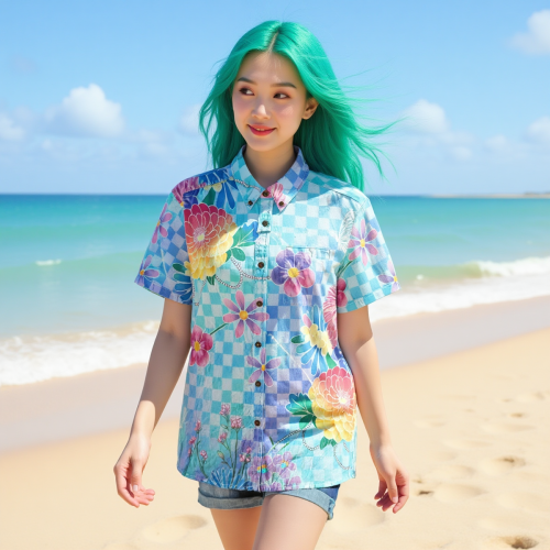 Soft Y2K Checkered Hawaiian Shirt Floral Vaporwave Button Up