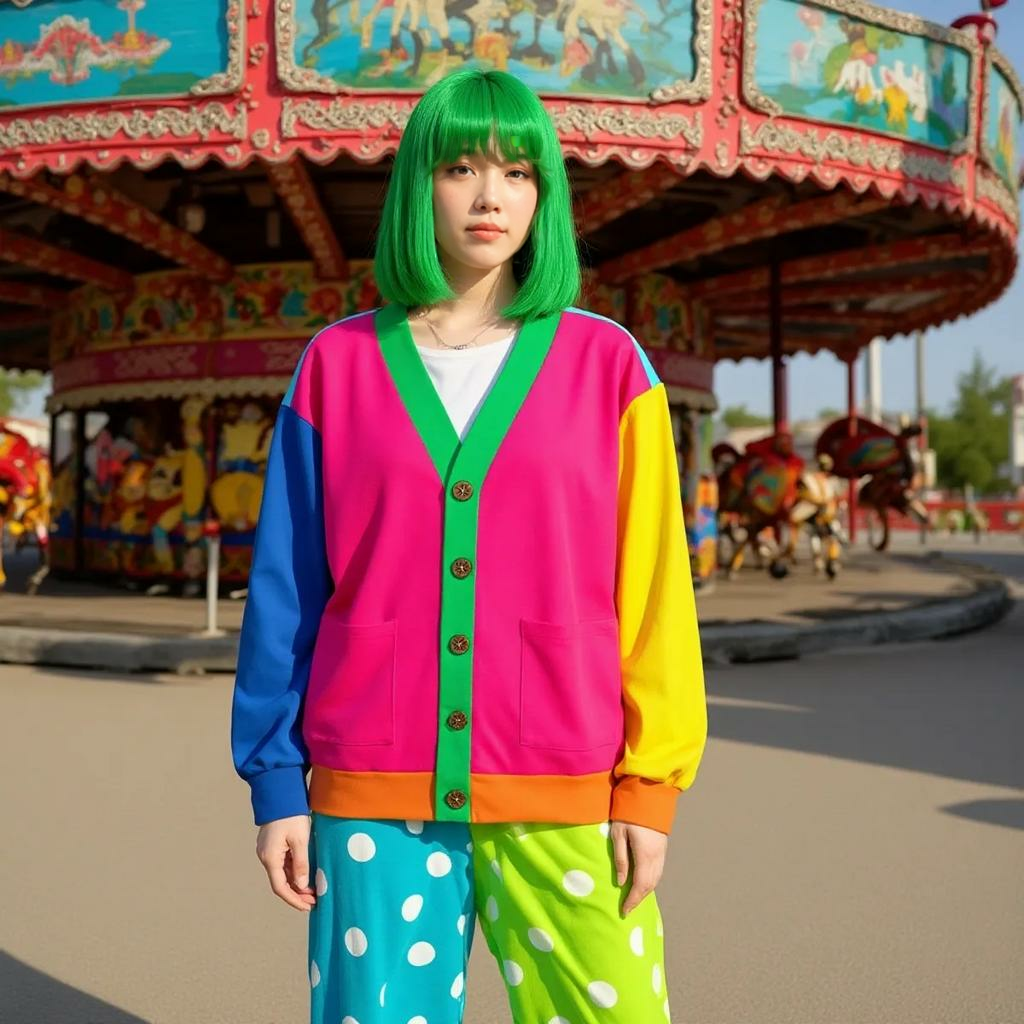 Color Block Cardigan Clowncore Clothing Kidcore Sweater Maximalist Fashion Dopamine Rainbow — Ohime Mall