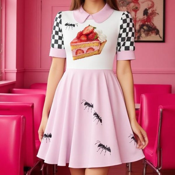 Strawberry Cake Rockabilly Dress Creepy Cute Morute Aesthetic Clothes Collared Dreamcore 50s Mid Century Vintage Inspired
