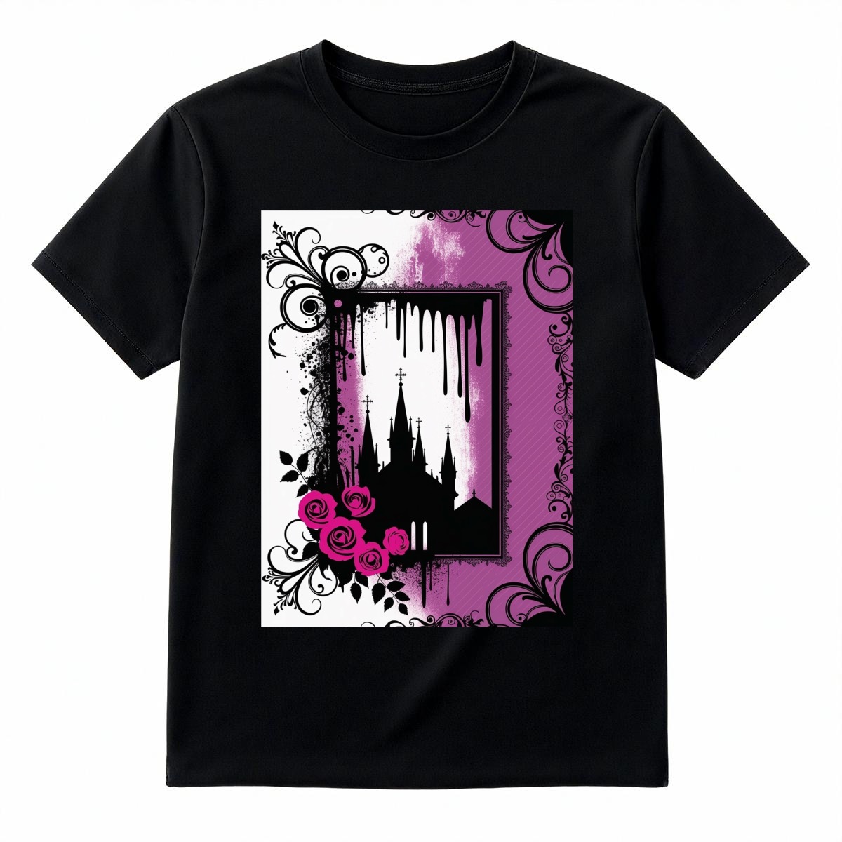 Y2K Emo Kid Scene Core Graphic Tee Early 2000s Nostalgia T-Shirt Black Pink Castle Top Mall Goth - Image 1