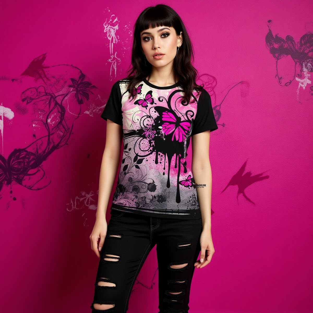 Y2K Emo Kid Scene Core Graphic Tee Early 2000s Nostalgia Frutiger Metro T-Shirt Black Pink Butterfly Top - Image 4