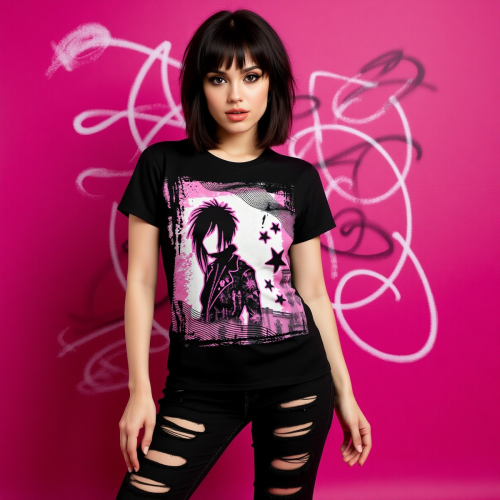 Y2K Emo Kid Scene Core Graphic Tee Early 2000s Nostalgia Frutiger Metro T-Shirt Black Pink Stars Top - Image 2