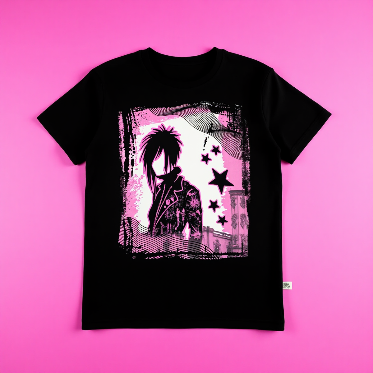 Y2K Emo Kid Scene Core Graphic Tee Early 2000s Nostalgia Frutiger Metro T-Shirt Black Pink Stars Top - Image 1