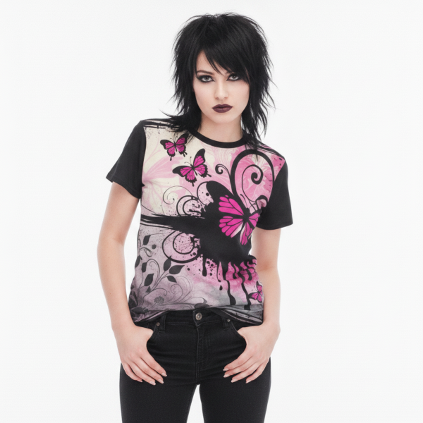 Y2K Emo Kid Scene Core Graphic Tee Early 2000s Nostalgia Frutiger Metro T-Shirt Black Pink Butterfly Top