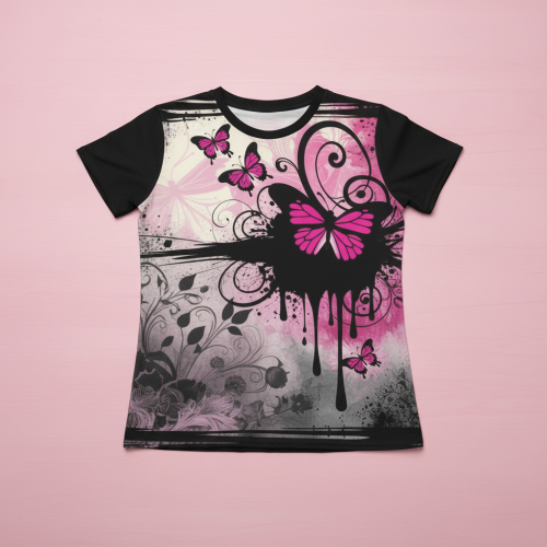 Y2K Emo Kid Scene Core Graphic Tee Early 2000s Nostalgia Frutiger Metro T-Shirt Black Pink Butterfly Top - Image 3