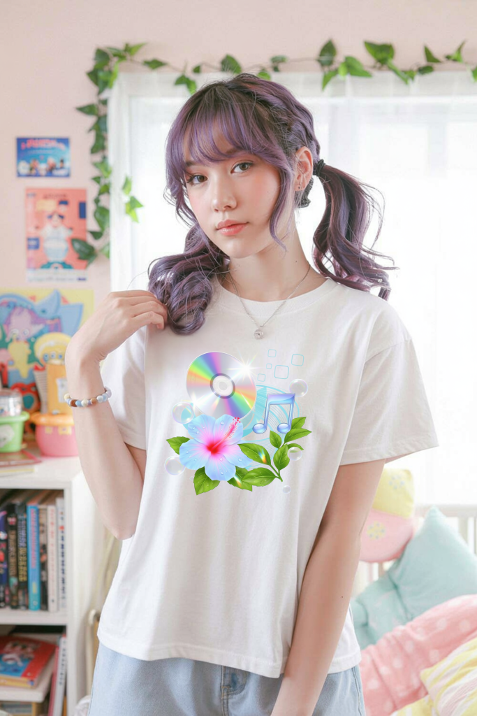 Frutiger Aero Shirt Hibiscus Tee Webcore CD Player T-Shir Cyber Y2K Streetwear 2000s Nostalgia