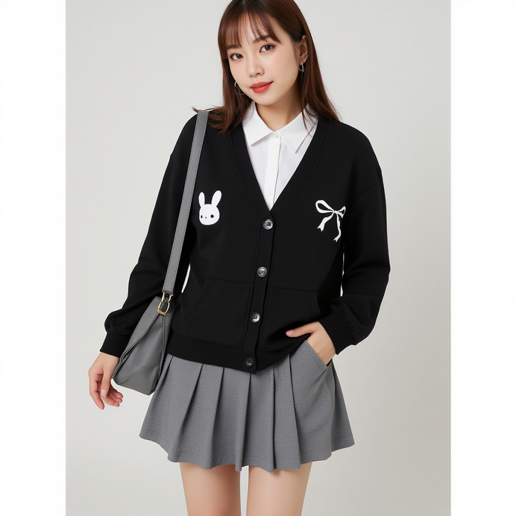 Embroidered Black and White Cardigan School Clothing Y2K Acubi Cute Sweater Dark Academia