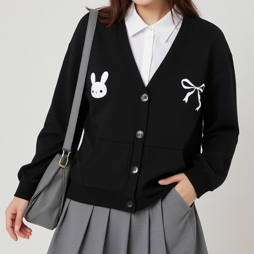Embroidered Black and White Cardigan School Clothing Y2K Acubi Cute Sweater Dark Academia