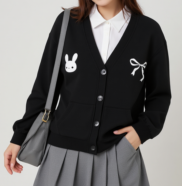 Embroidered Black and White Cardigan School Clothing Y2K Acubi Cute Sweater Dark Academia